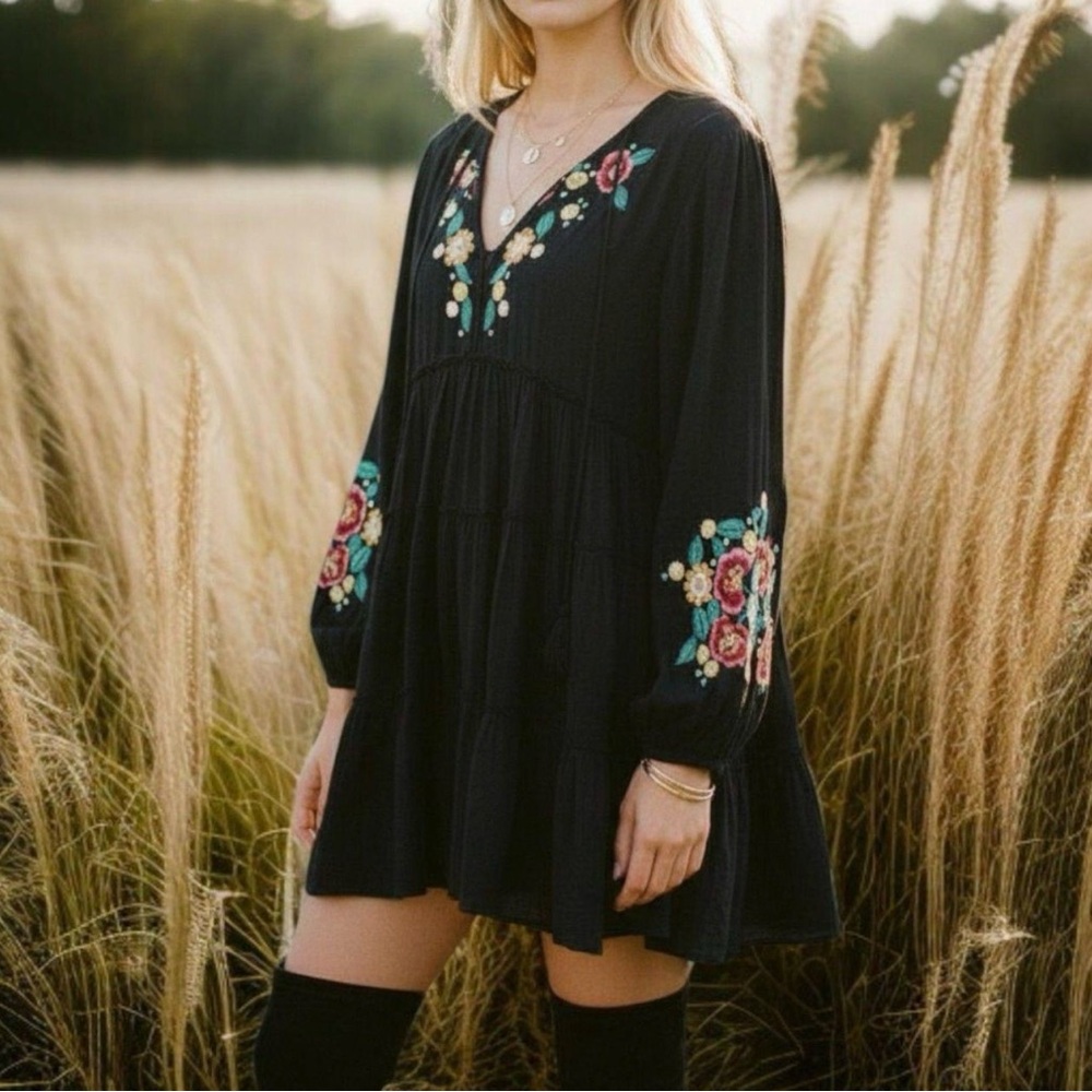 Free People Black Mini Dress with Floral Embroidery